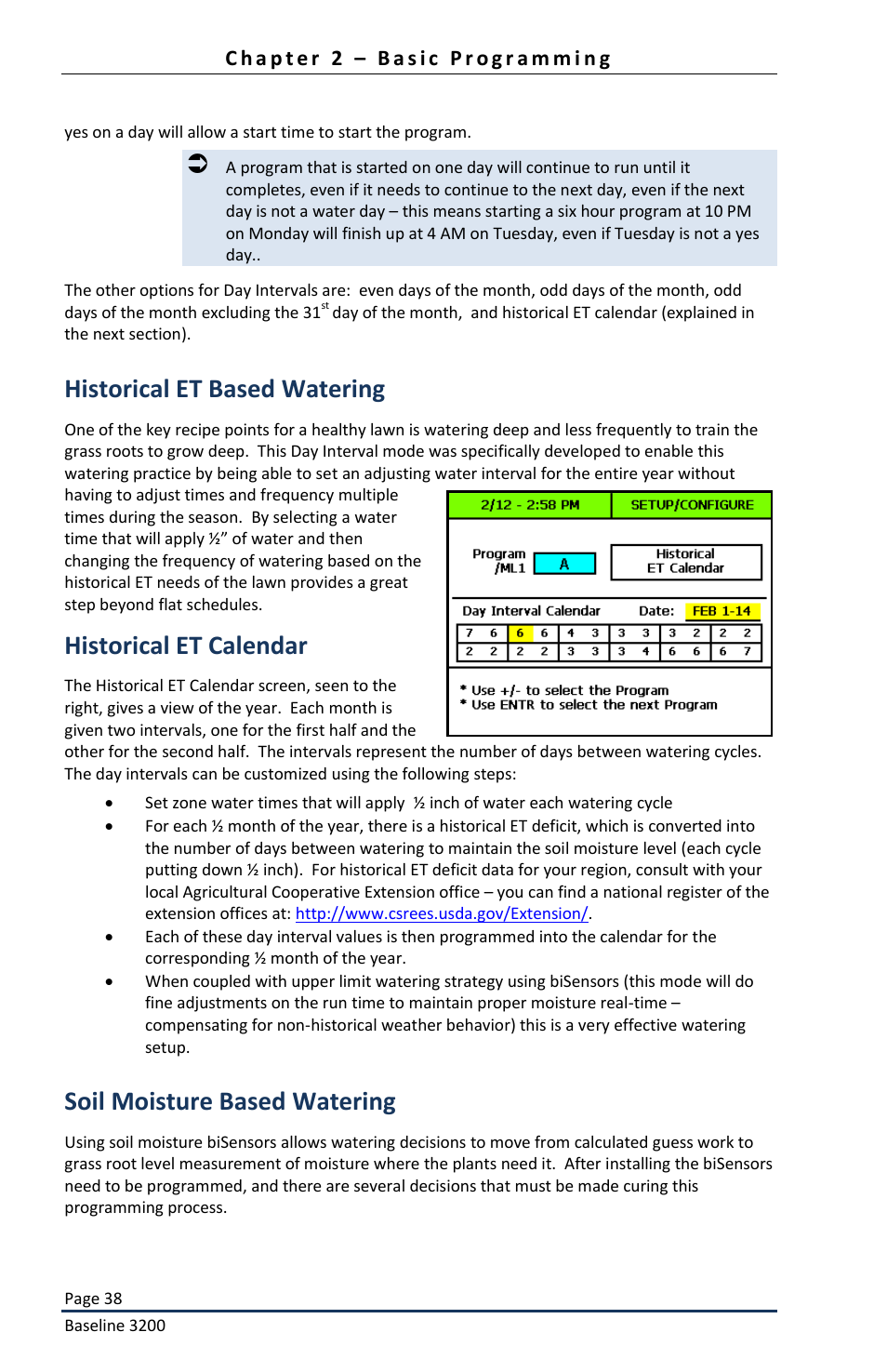 Historical et based watering, Historical et calendar, Soil moisture based watering | Baseline Systems BaseStation 3200 User Manual | Page 40 / 82