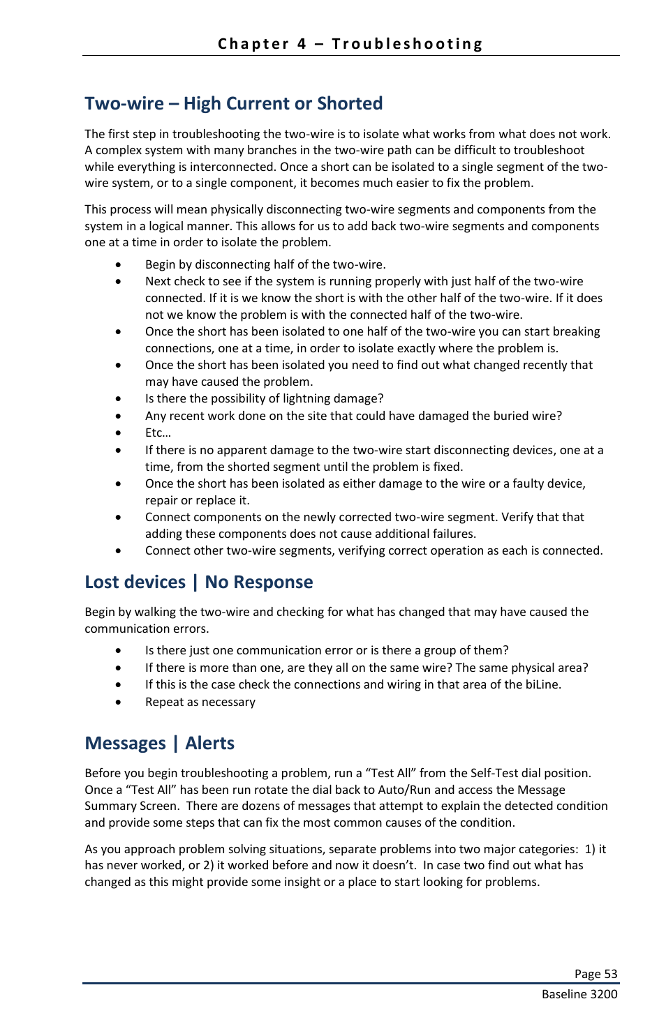 Two-wire – high current or shorted, Lost devices | no response, Messages | alerts | Baseline Systems BaseStation 3200 User Manual | Page 55 / 82