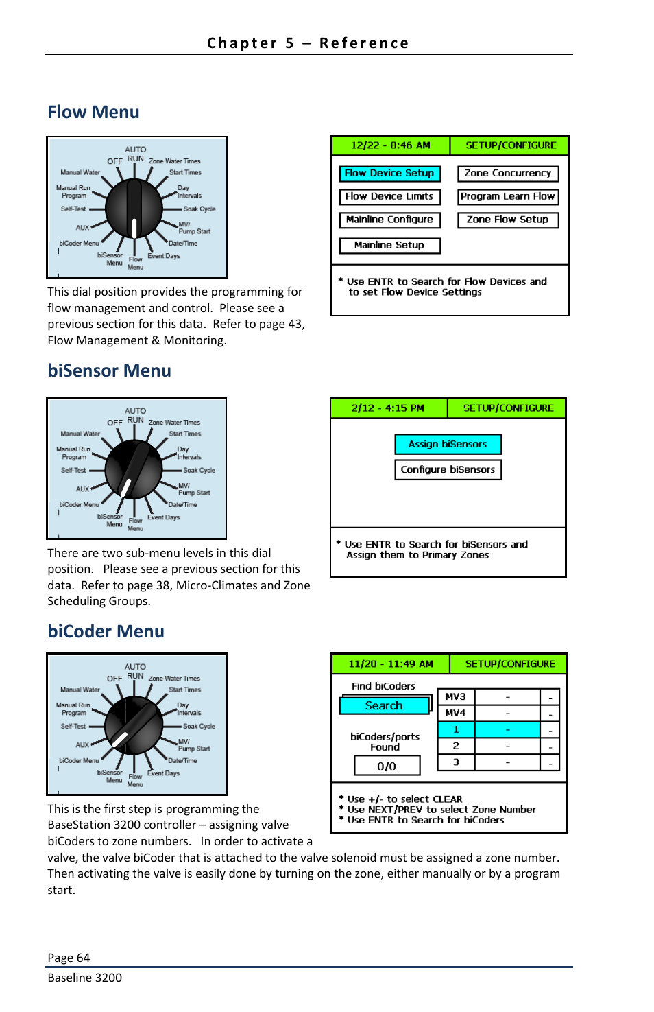 Flow menu, Bisensor menu, Bicoder menu | Baseline Systems BaseStation 3200 User Manual | Page 66 / 82