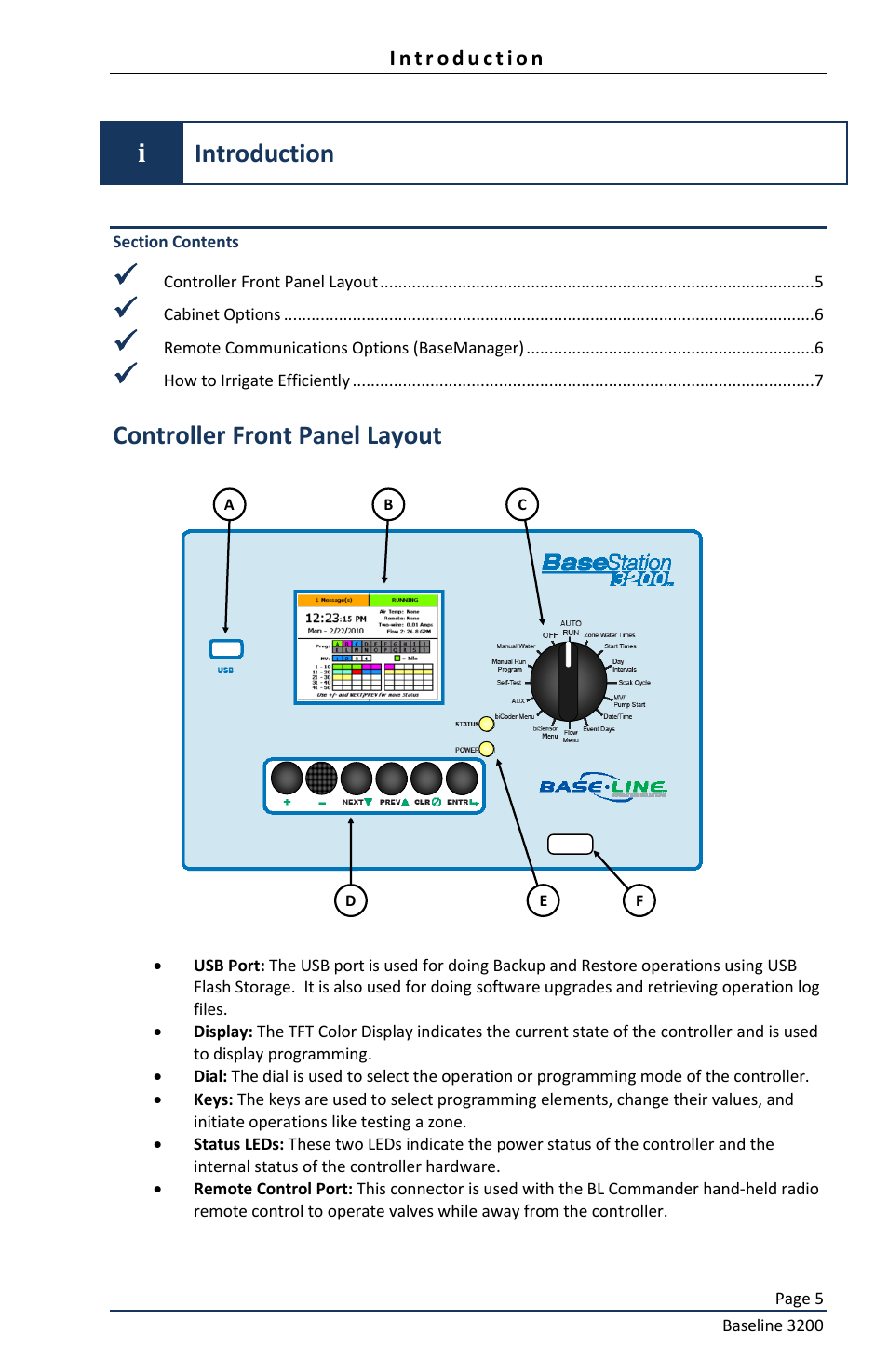 Introduction, Controller front panel layout, Iintroduction | Baseline Systems BaseStation 3200 User Manual | Page 7 / 82
