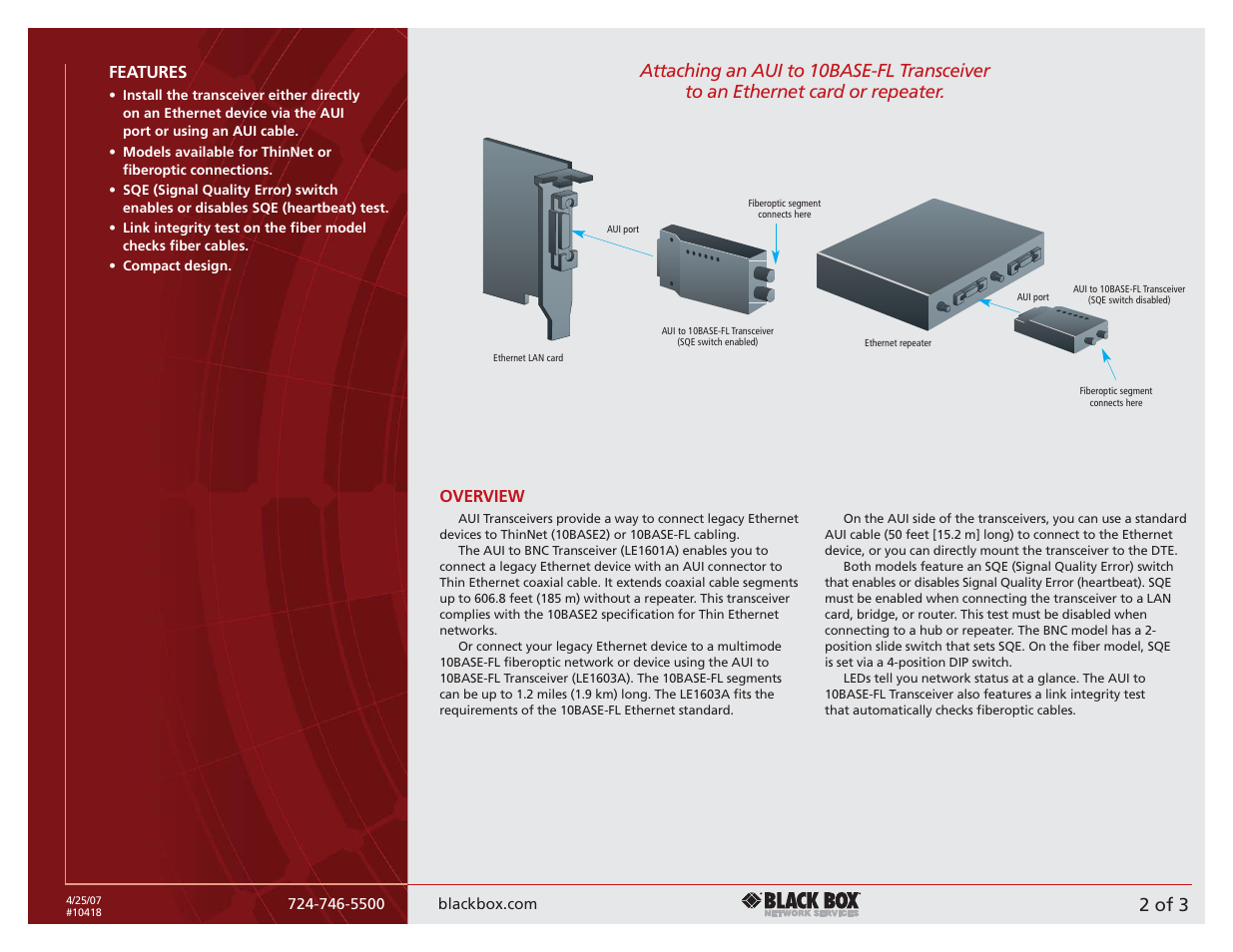2 of 3, Features, Overview | Black Box 724-746-5500 User Manual | Page 2 / 3