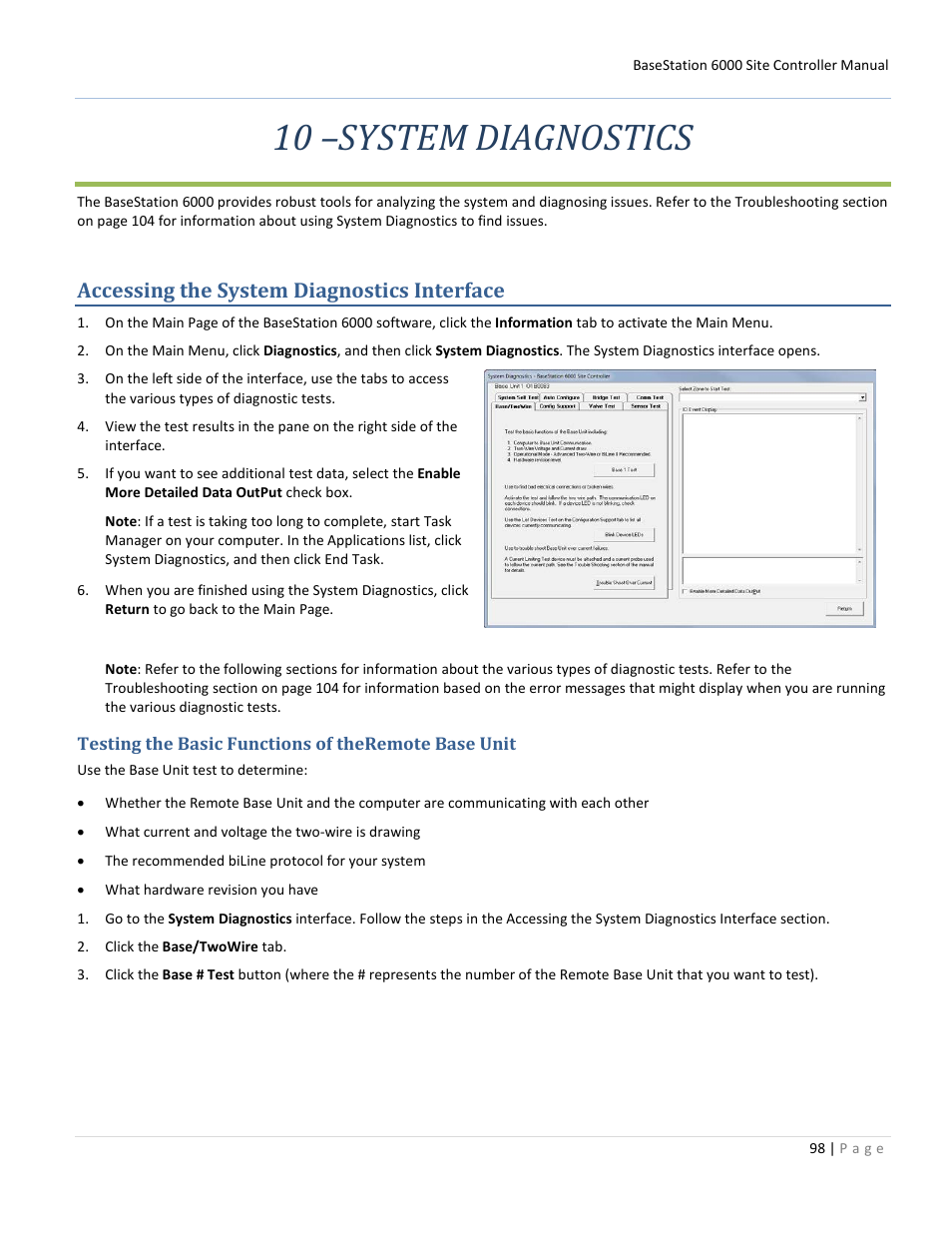 10 –system diagnostics, Accessing the system diagnostics interface, Testing the basic functions of theremote base unit | Baseline Systems BaseStation 6000 User Manual | Page 106 / 131