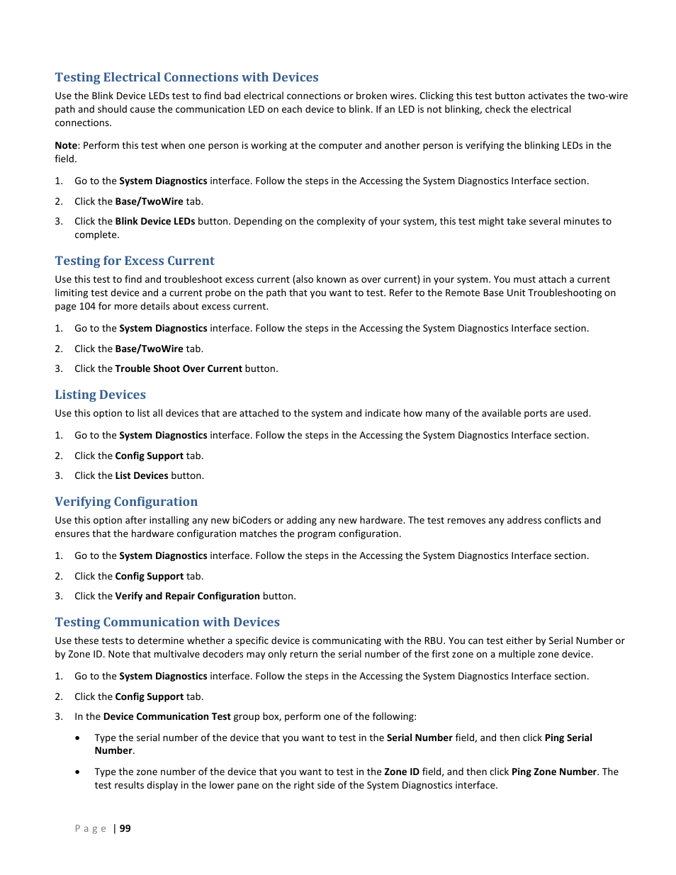 Testing electrical connections with devices, Testing for excess current, Listing devices | Verifying configuration, Testing communication with devices | Baseline Systems BaseStation 6000 User Manual | Page 107 / 131