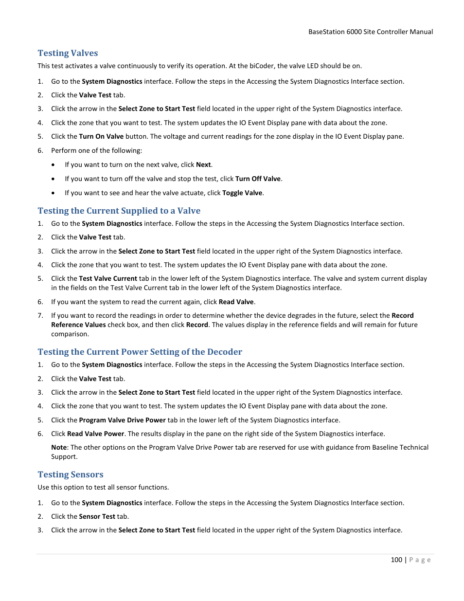 Testing valves, Testing the current supplied to a valve, Testing the current power setting of the decoder | Testing sensors, Testing, Sensors on | Baseline Systems BaseStation 6000 User Manual | Page 108 / 131
