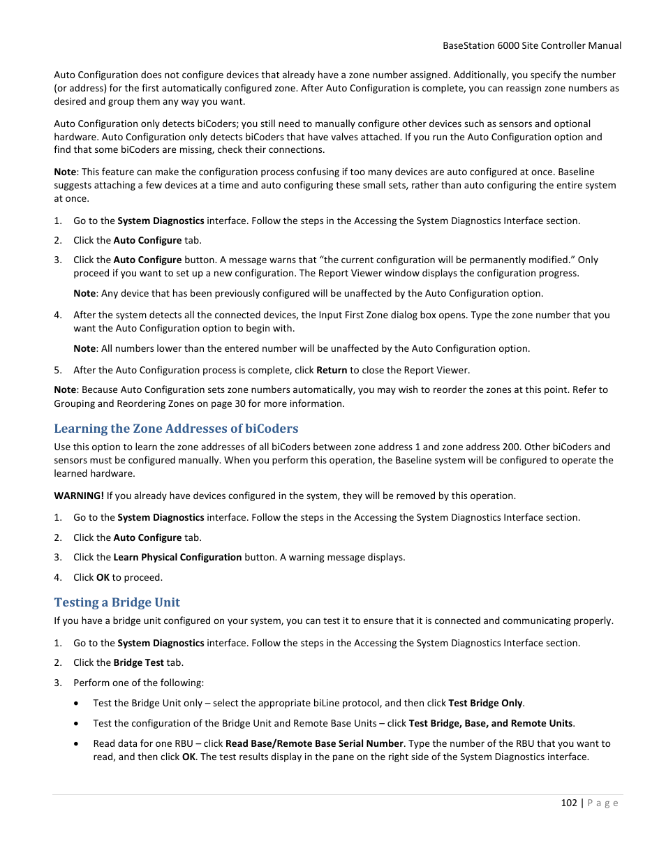 Learning the zone addresses of bicoders, Testing a bridge unit | Baseline Systems BaseStation 6000 User Manual | Page 110 / 131
