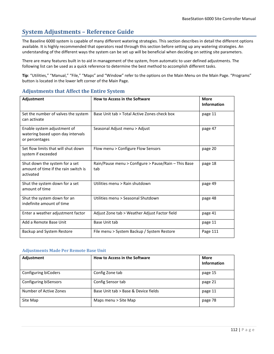 System adjustments – reference guide, Adjustments that affect the entire system, Adjustments made per remote base unit | Baseline Systems BaseStation 6000 User Manual | Page 120 / 131