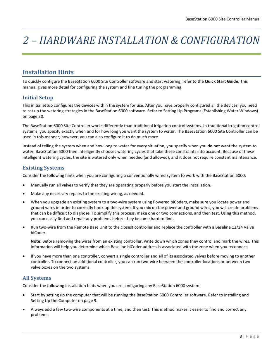 2 – hardware installation & configuration, Installation hints, Initial setup | Existing systems, All systems | Baseline Systems BaseStation 6000 User Manual | Page 16 / 131