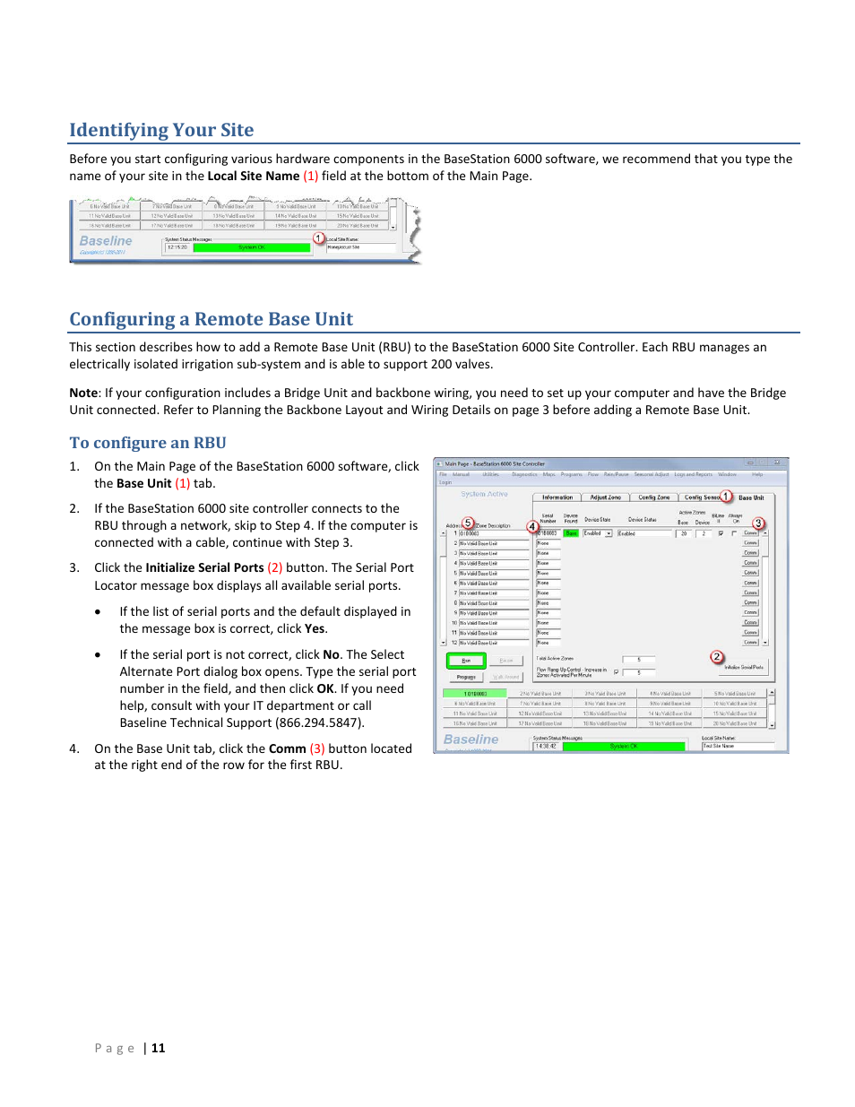 Identifying your site, Configuring a remote base unit, To configure an rbu | Identifying your site o | Baseline Systems BaseStation 6000 User Manual | Page 19 / 131