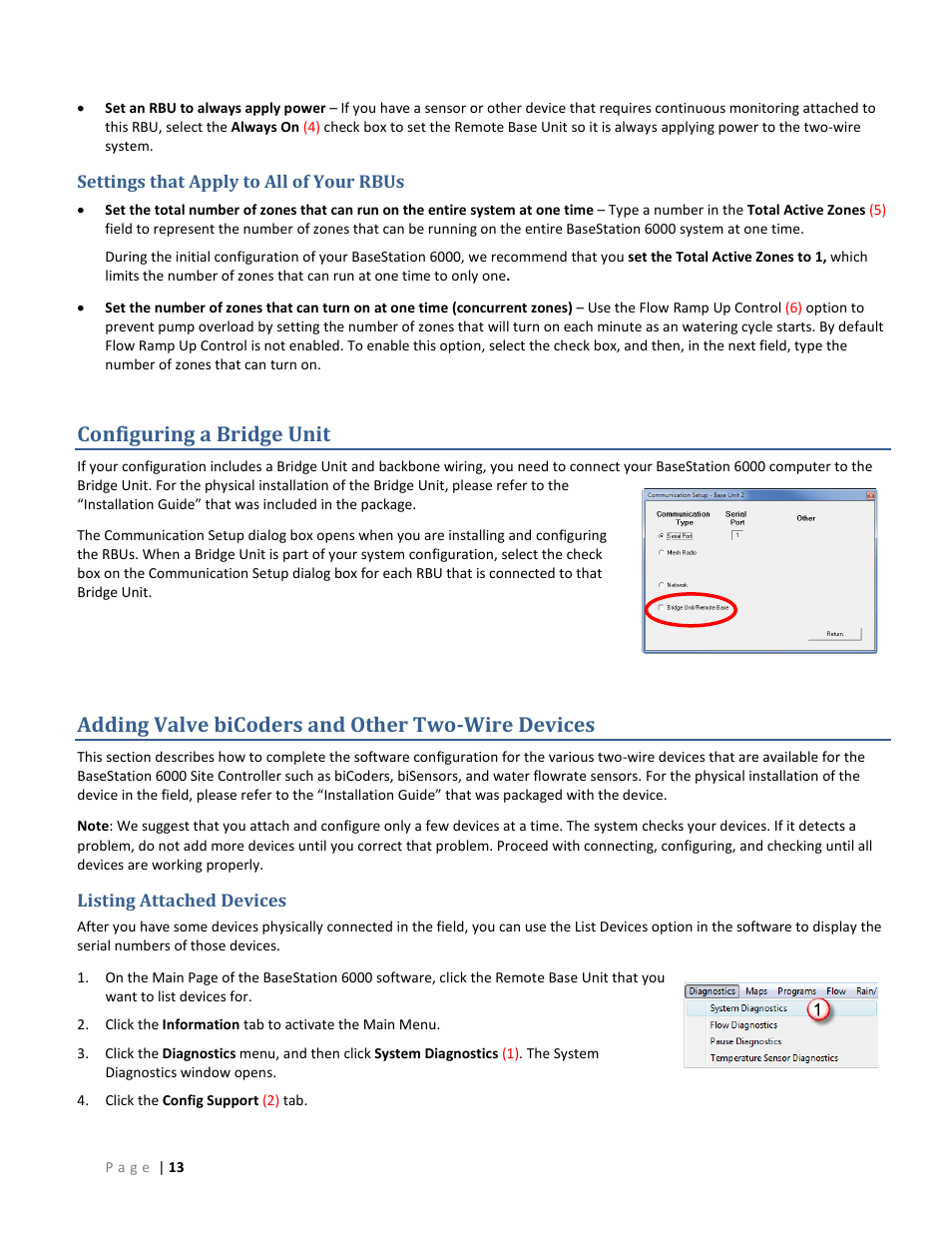 Settings that apply to all of your rbus, Configuring a bridge unit, Adding valve bicoders and other two-wire devices | Listing attached devices | Baseline Systems BaseStation 6000 User Manual | Page 21 / 131