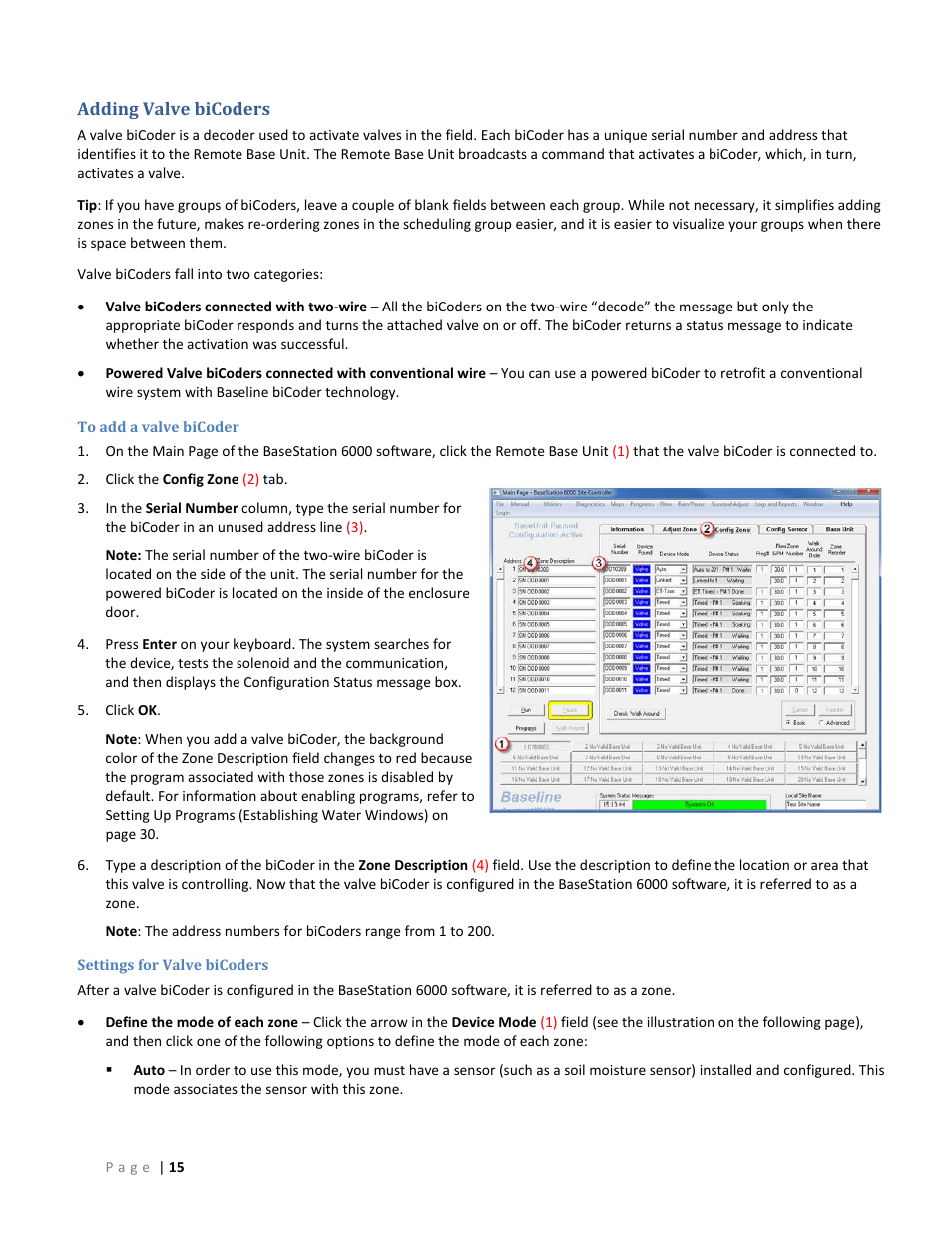 Adding valve bicoders, To add a valve bicoder, Settings for valve bicoders | Baseline Systems BaseStation 6000 User Manual | Page 23 / 131