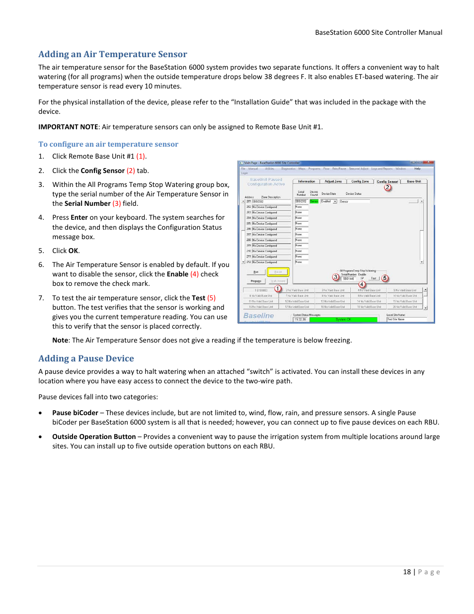 Adding an air temperature sensor, To configure an air temperature sensor, Adding a pause device | Baseline Systems BaseStation 6000 User Manual | Page 26 / 131