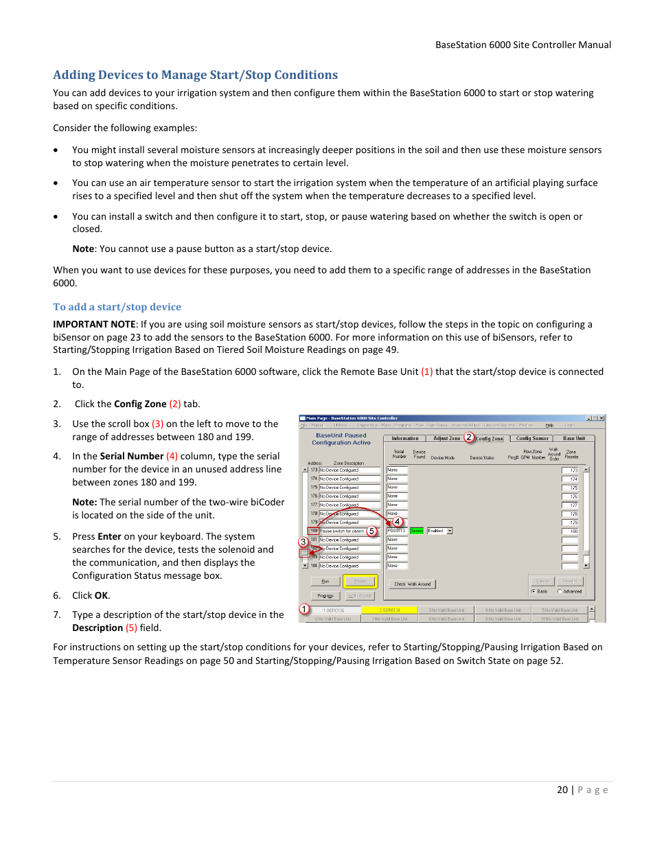 Adding devices to manage start/stop conditions, To add a start/stop device | Baseline Systems BaseStation 6000 User Manual | Page 28 / 131