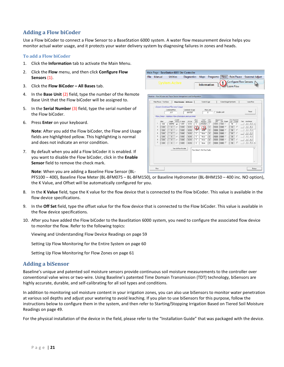 Adding a flow bicoder, To add a flow bicoder, Adding a bisensor | Baseline Systems BaseStation 6000 User Manual | Page 29 / 131