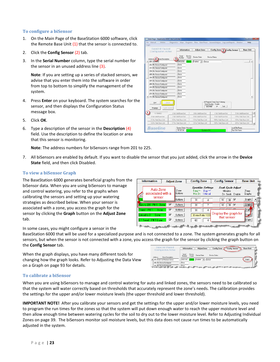To configure a bisensor, To view a bisensor graph, To calibrate a bisensor | E 23 to | Baseline Systems BaseStation 6000 User Manual | Page 31 / 131