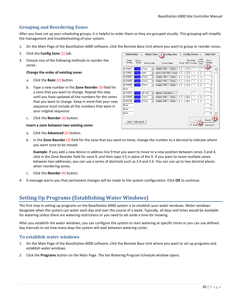 Grouping and reordering zones, Setting up programs (establishing water windows), To establish water windows | E 30, Grouping and reordering zones on | Baseline Systems BaseStation 6000 User Manual | Page 38 / 131