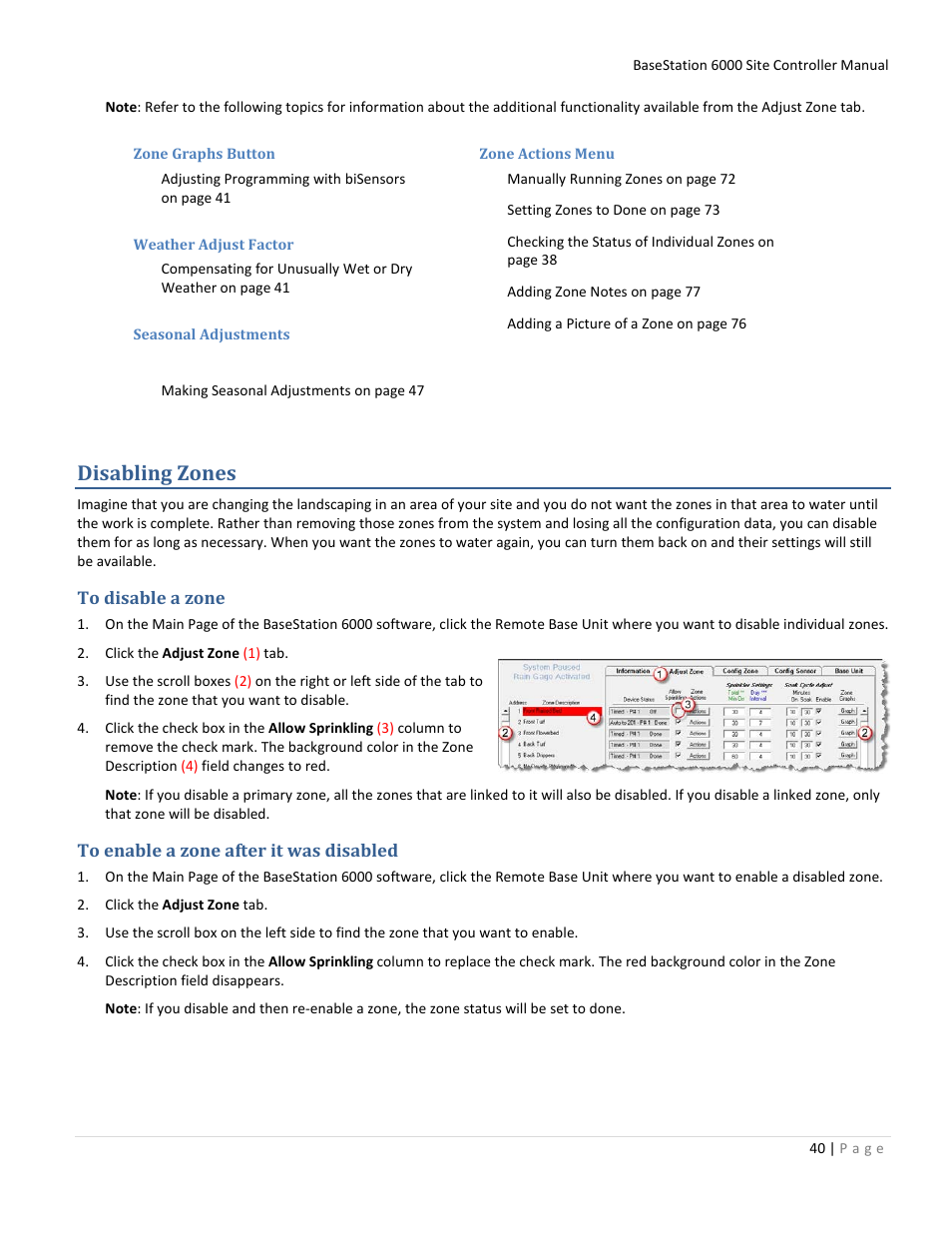 Disabling zones, To disable a zone, To enable a zone after it was disabled | Zone graphs button, Zone actions menu, Weather adjust factor, Seasonal adjustments | Baseline Systems BaseStation 6000 User Manual | Page 48 / 131