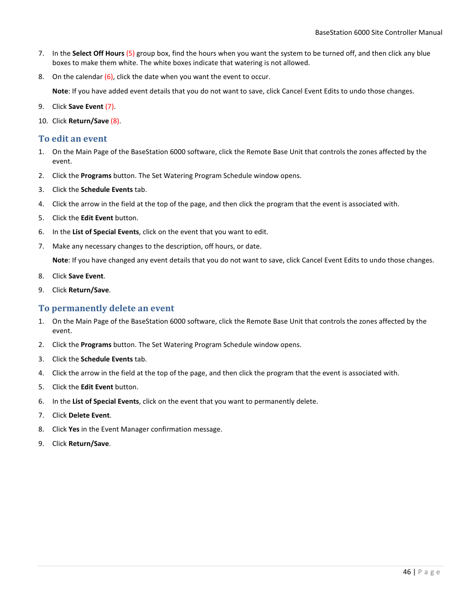 To edit an event, To permanently delete an event, Making seasonal adjustments | E 47 | Baseline Systems BaseStation 6000 User Manual | Page 54 / 131