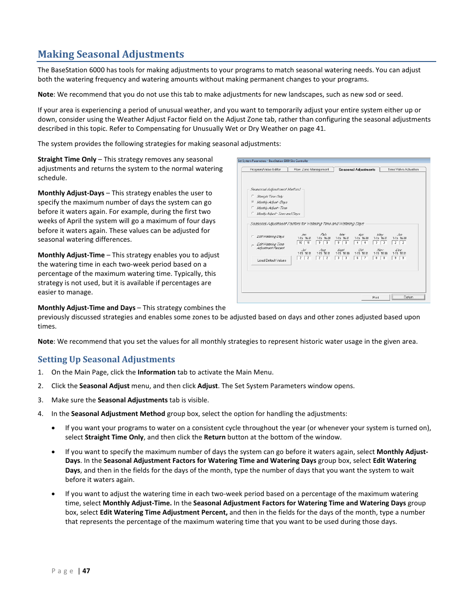 Making seasonal adjustments, Setting up seasonal adjustments, O making seasonal adjustments | E 47 | Baseline Systems BaseStation 6000 User Manual | Page 55 / 131