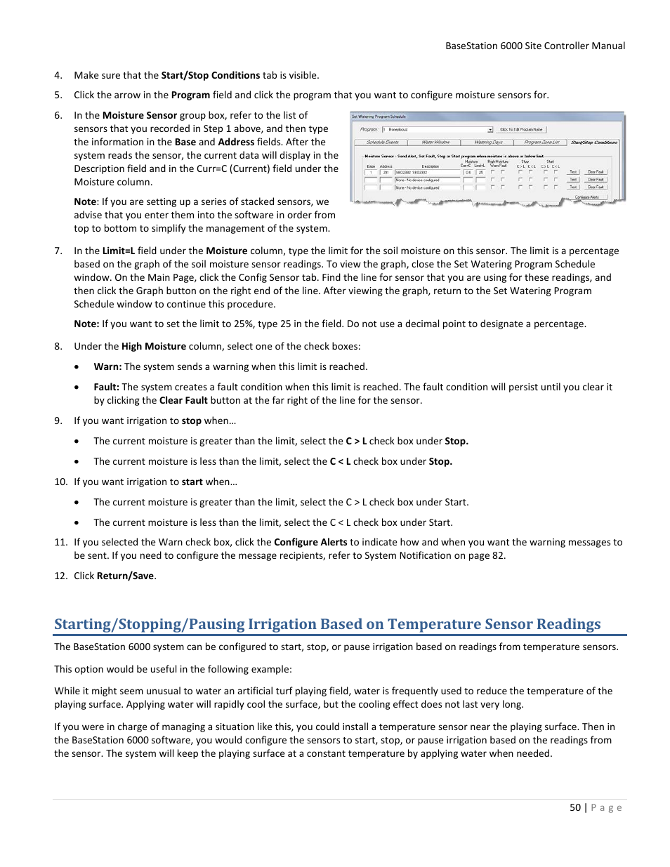 Starting/stopping/pausing irrigation based on, Temperature sensor readings, 50 a | Baseline Systems BaseStation 6000 User Manual | Page 58 / 131