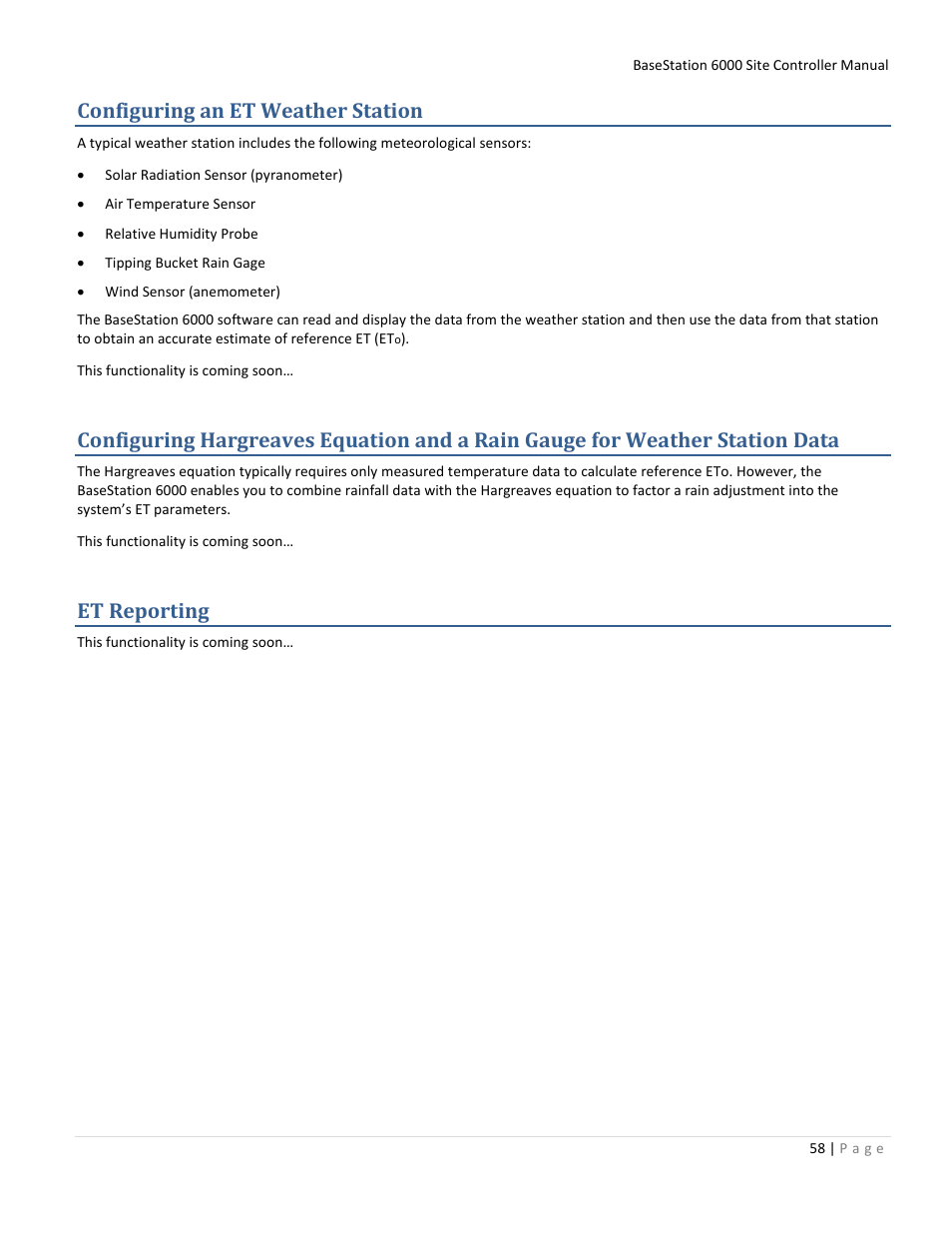 Configuring an et weather station, Et reporting | Baseline Systems BaseStation 6000 User Manual | Page 66 / 131