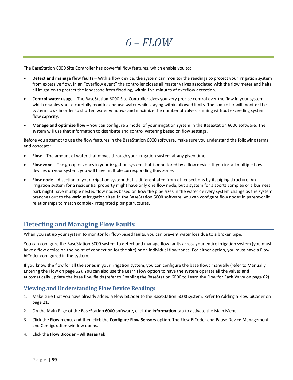 6 – flow, Detecting and managing flow faults, Viewing and understanding flow device readings | Baseline Systems BaseStation 6000 User Manual | Page 67 / 131