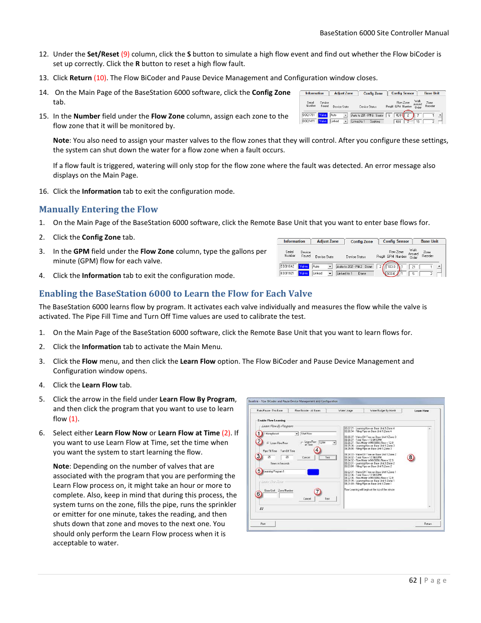 Manually entering the flow, Manually, Entering the flow on | E 62) | Baseline Systems BaseStation 6000 User Manual | Page 70 / 131