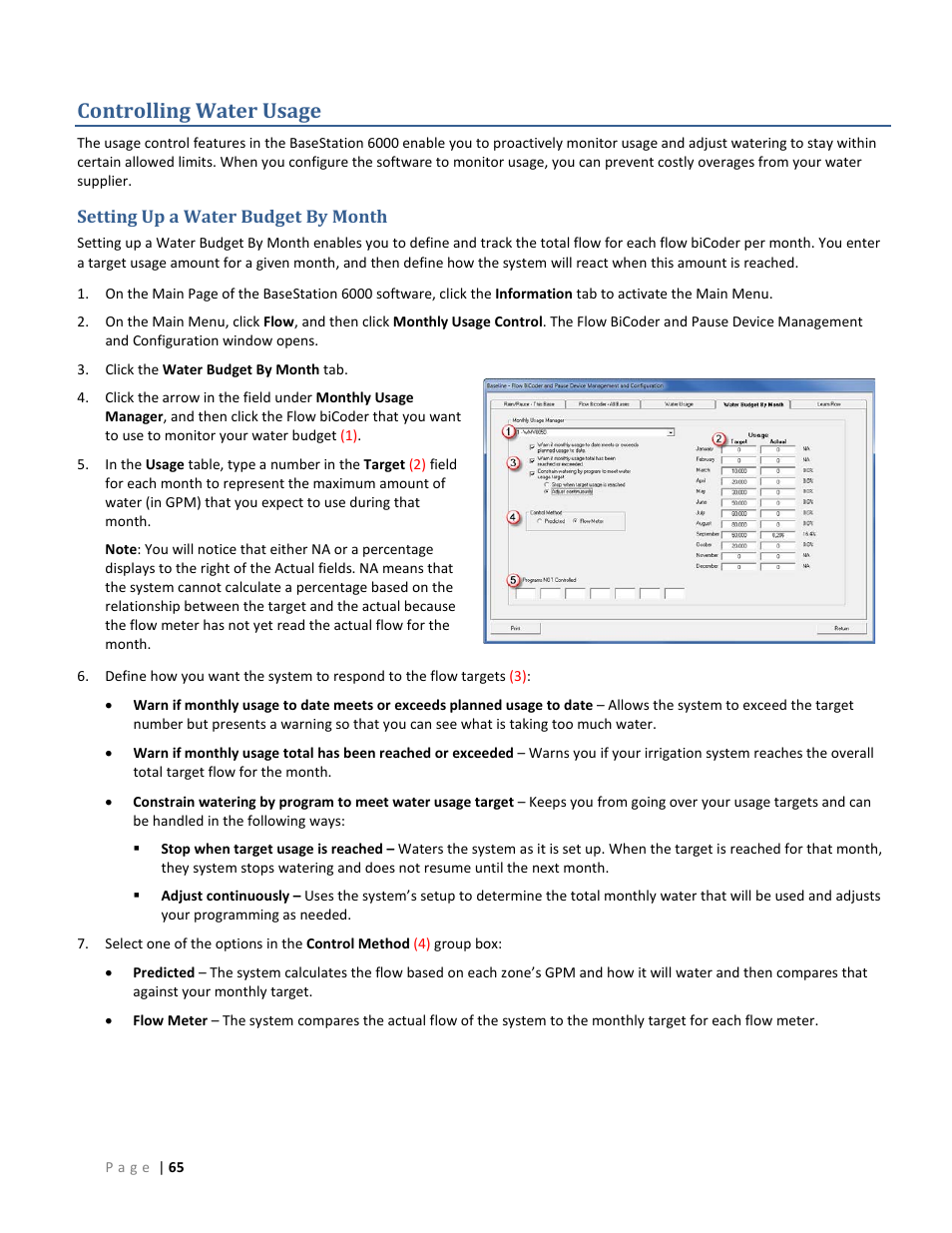 Controlling water usage, Setting up a water budget by month | Baseline Systems BaseStation 6000 User Manual | Page 73 / 131