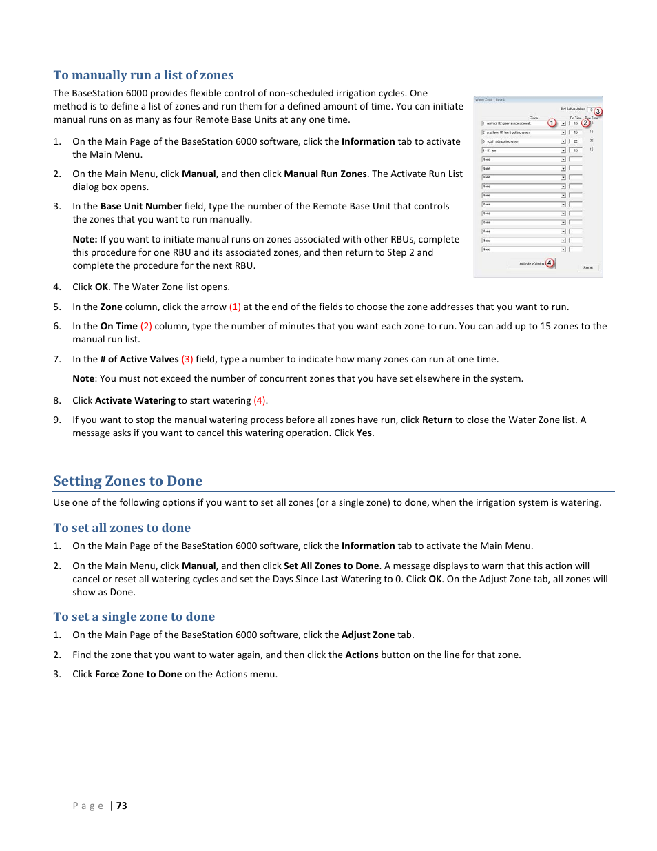 To manually run a list of zones, Setting zones to done, To set all zones to done | To set a single zone to done, Setting zones to done on | Baseline Systems BaseStation 6000 User Manual | Page 81 / 131