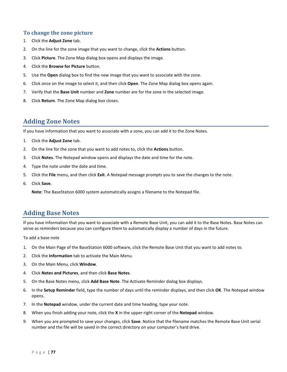 To change the zone picture, Adding zone notes, Adding base notes | E 77 | Baseline Systems BaseStation 6000 User Manual | Page 85 / 131