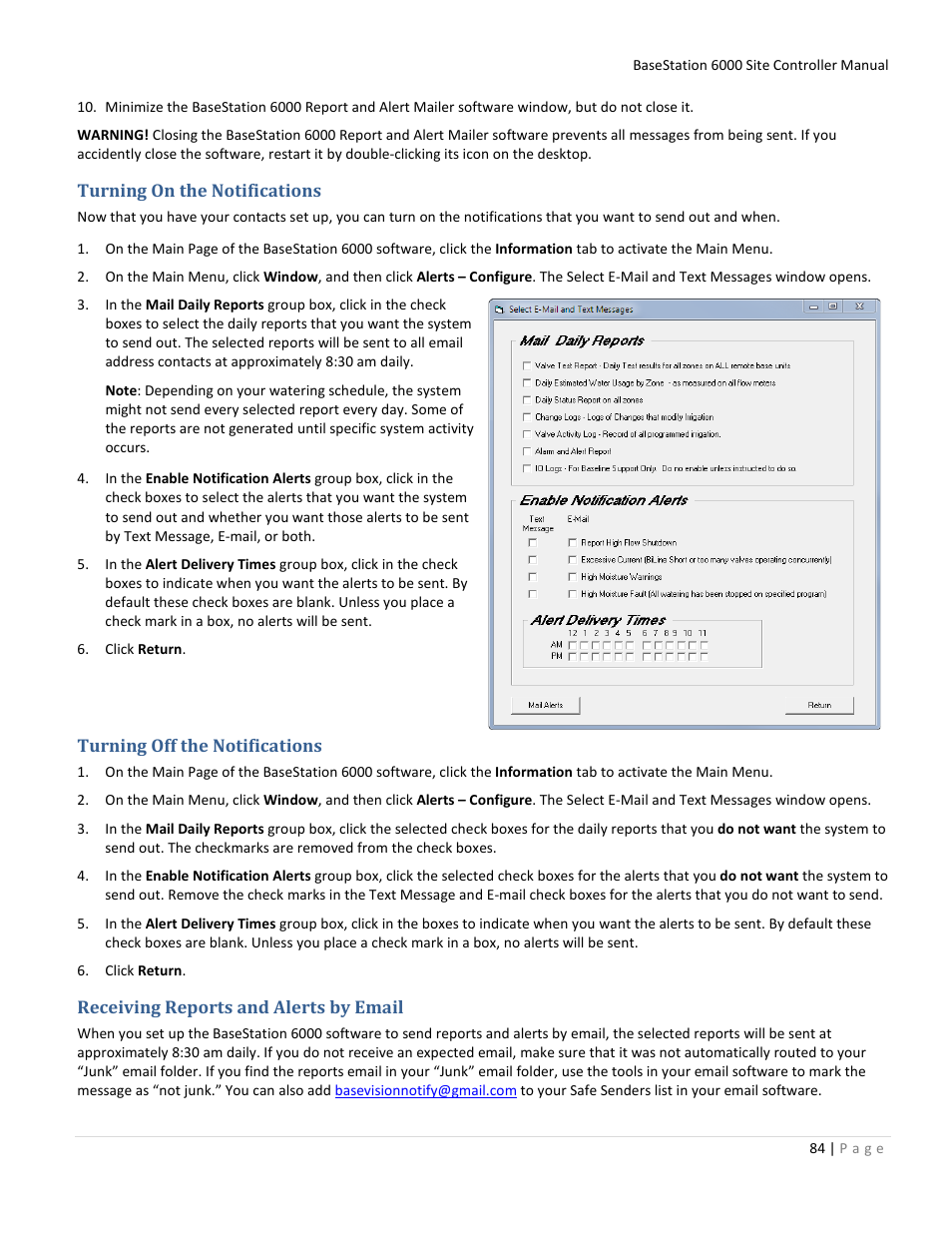 Turning on the notifications, Turning off the notifications, Receiving reports and alerts by email | Baseline Systems BaseStation 6000 User Manual | Page 92 / 131