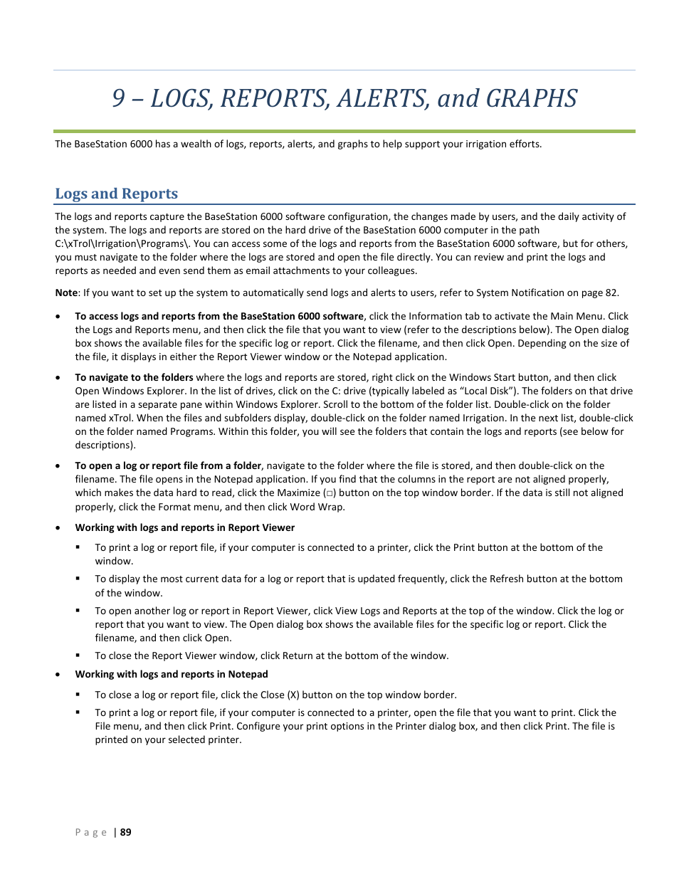 9 – logs, reports, alerts, and graphs, Logs and reports | Baseline Systems BaseStation 6000 User Manual | Page 97 / 131