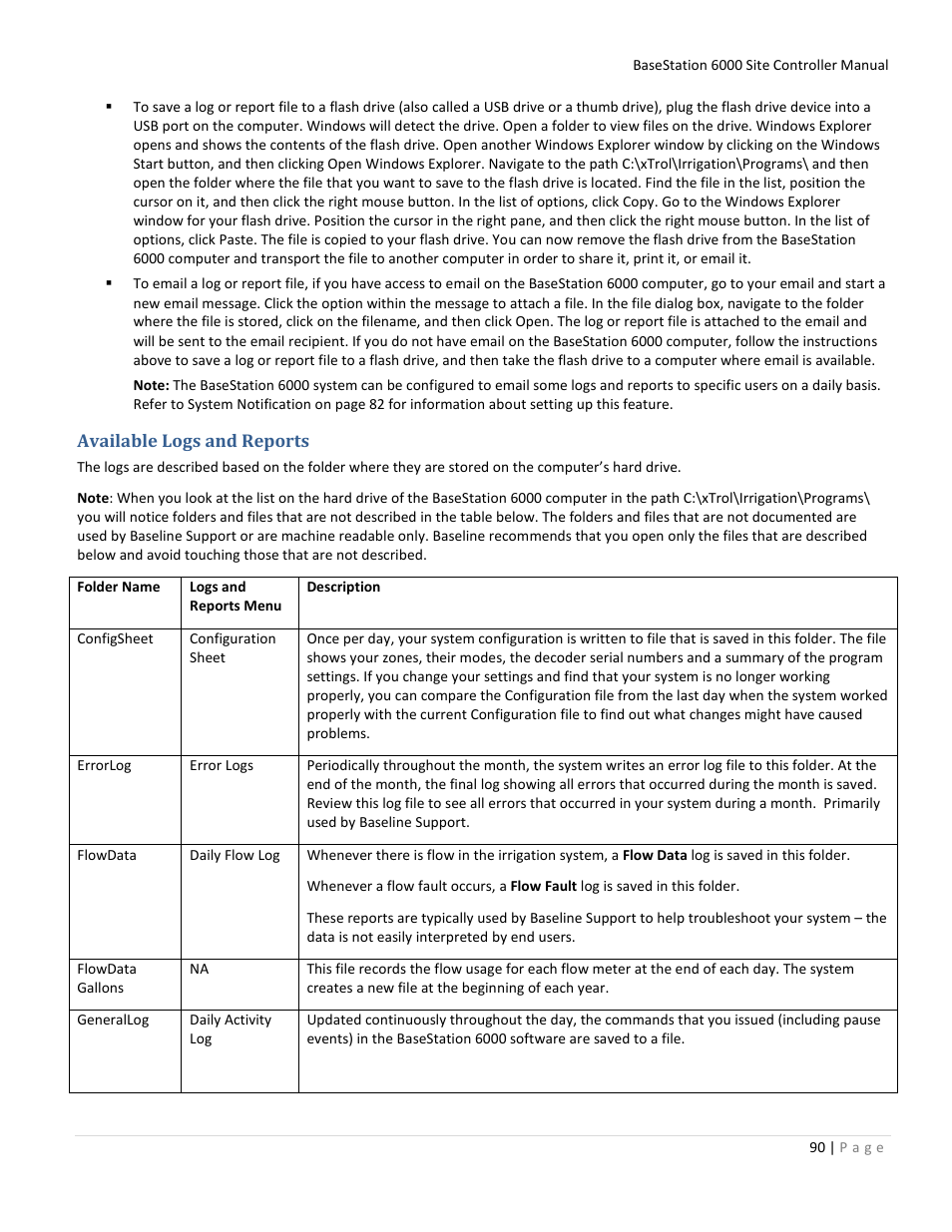 Available logs and reports | Baseline Systems BaseStation 6000 User Manual | Page 98 / 131