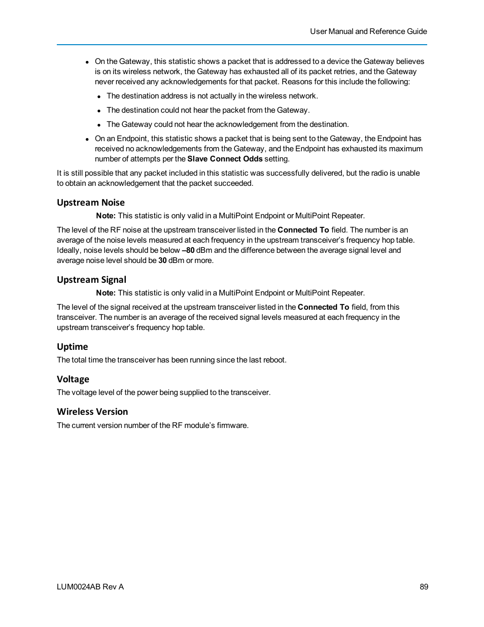 Upstream noise, Upstream signal, Uptime | Voltage, Wireless version | Baseline Systems FreeWave Ethernet Radio User Manual | Page 105 / 160