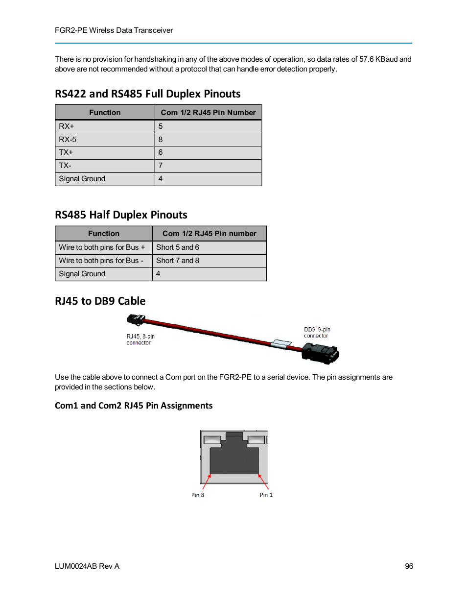 Rs422 and rs485 full duplex pinouts, Rs485 half duplex pinouts, Rj45 to db9 cable | Com1 and com2 rj45 pin assignments | Baseline Systems FreeWave Ethernet Radio User Manual | Page 112 / 160
