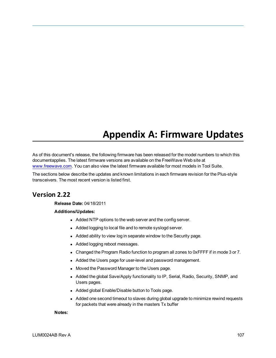 Appendix a: firmware updates, Version 2.22 | Baseline Systems FreeWave Ethernet Radio User Manual | Page 123 / 160