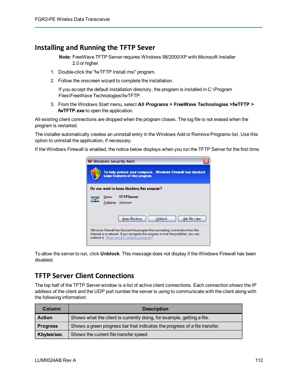Installing and running the tftp sever, Tftp server client connections | Baseline Systems FreeWave Ethernet Radio User Manual | Page 128 / 160