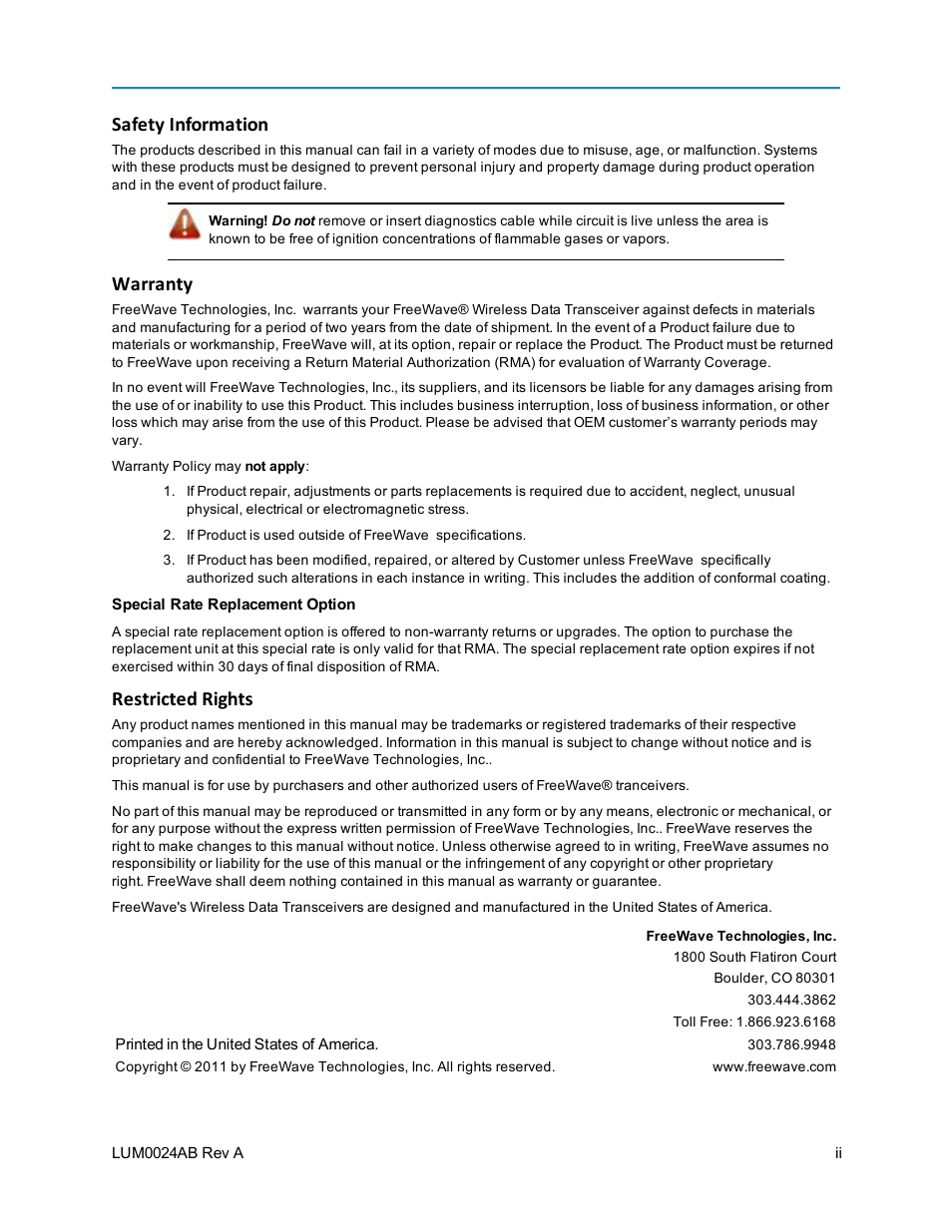 Safety information, Warranty, Restricted rights | Baseline Systems FreeWave Ethernet Radio User Manual | Page 2 / 160