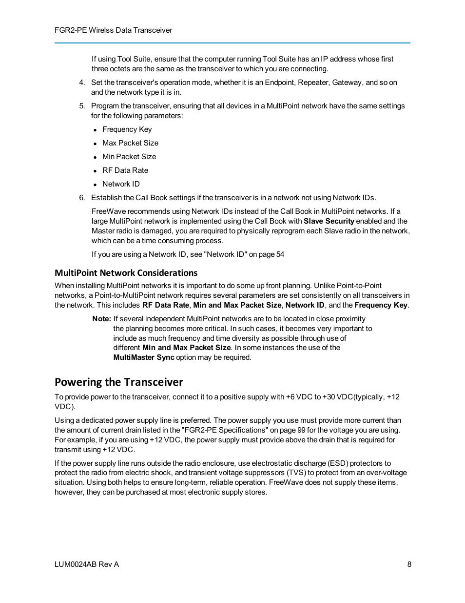 Multipoint network considerations, Powering the transceiver | Baseline Systems FreeWave Ethernet Radio User Manual | Page 24 / 160