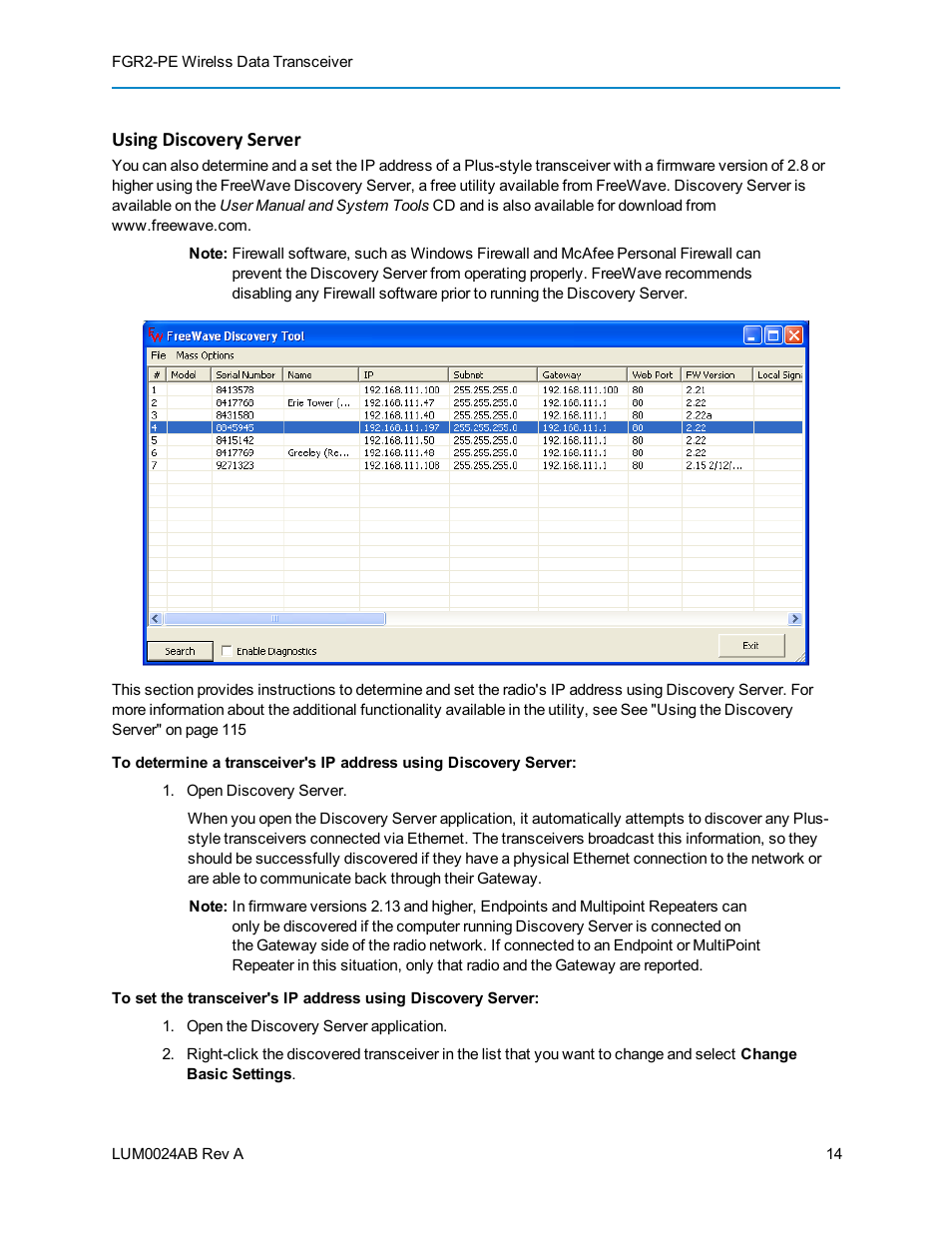 Using discovery server | Baseline Systems FreeWave Ethernet Radio User Manual | Page 30 / 160
