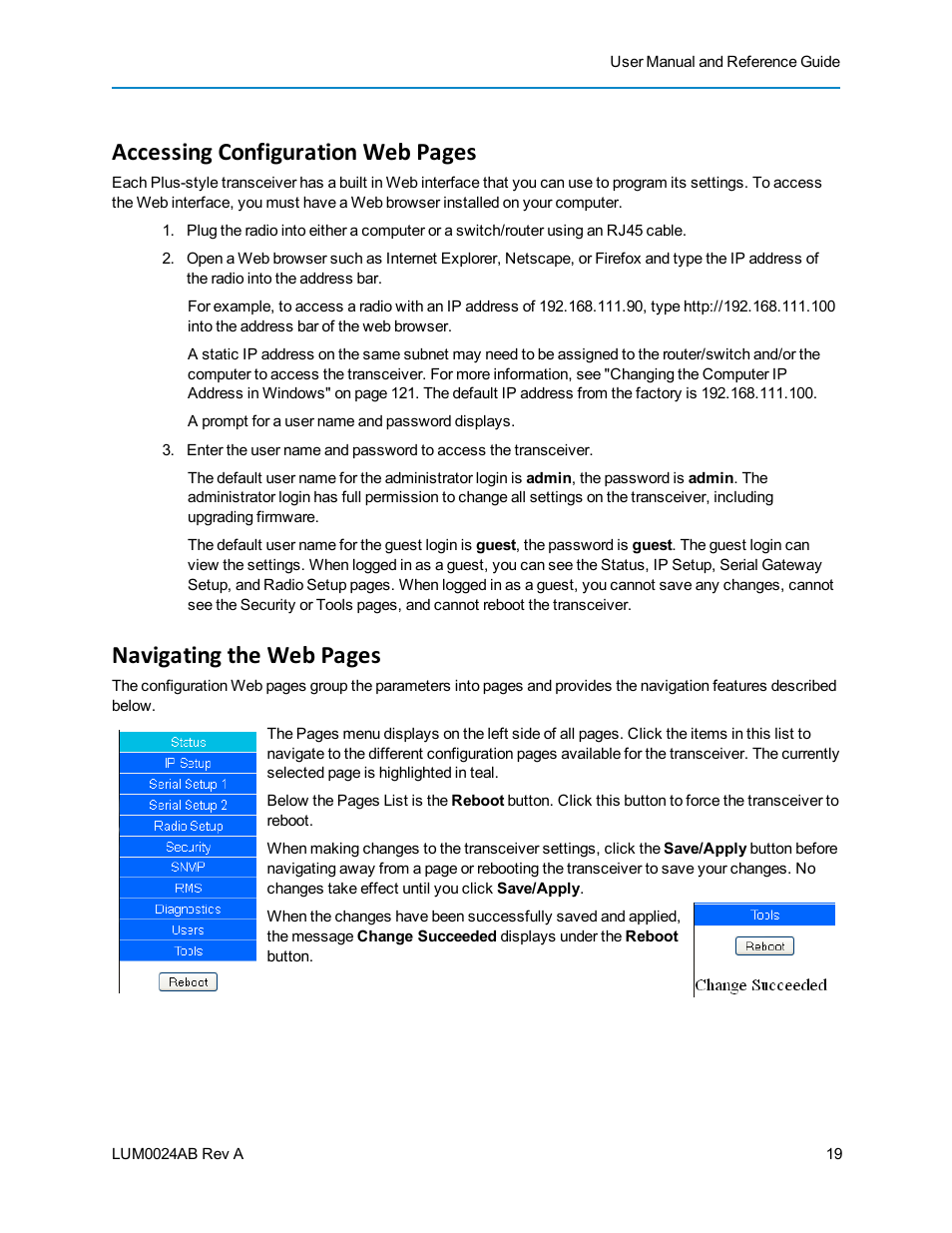 Accessing configuration web pages, Navigating the web pages | Baseline Systems FreeWave Ethernet Radio User Manual | Page 35 / 160