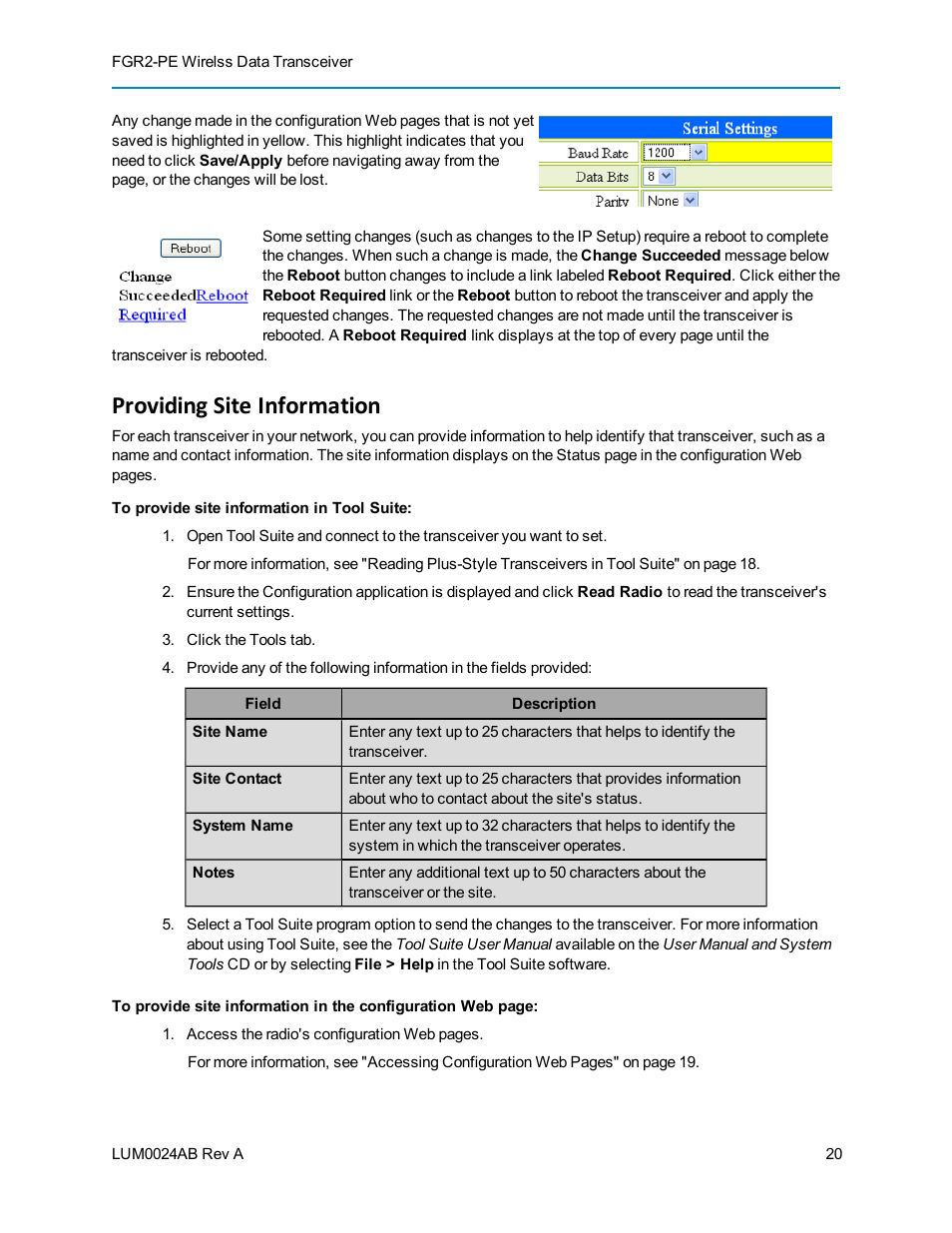 Providing site information | Baseline Systems FreeWave Ethernet Radio User Manual | Page 36 / 160