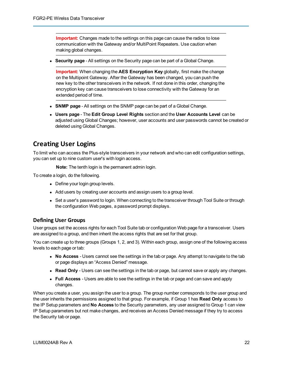 Creating user logins, Defining user groups | Baseline Systems FreeWave Ethernet Radio User Manual | Page 38 / 160