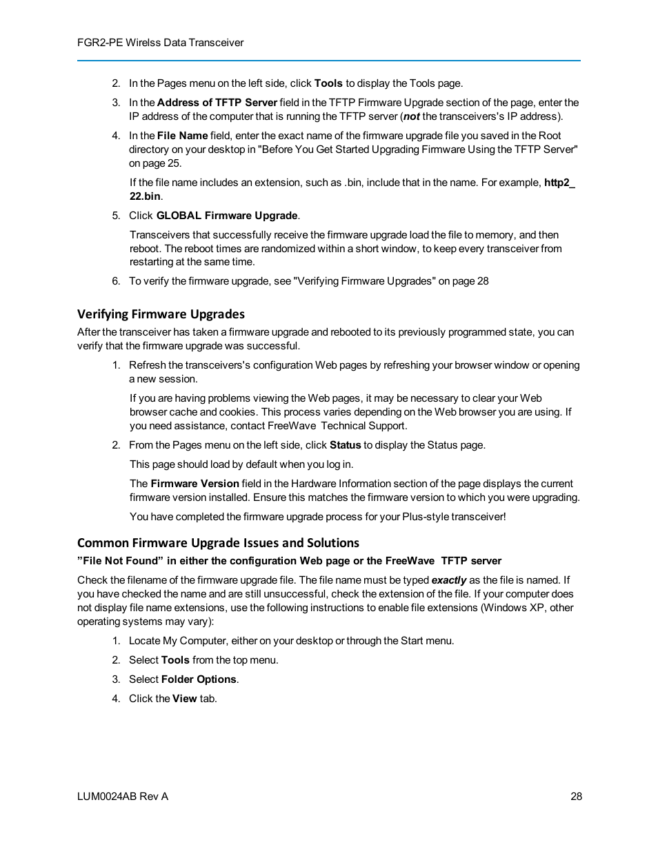 Verifying firmware upgrades, Common firmware upgrade issues and solutions | Baseline Systems FreeWave Ethernet Radio User Manual | Page 44 / 160