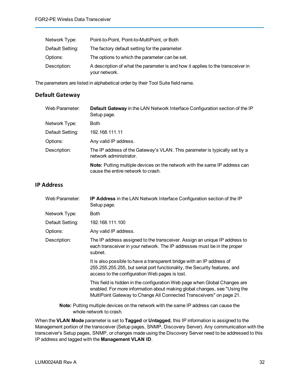 Default gateway, Ip address | Baseline Systems FreeWave Ethernet Radio User Manual | Page 48 / 160