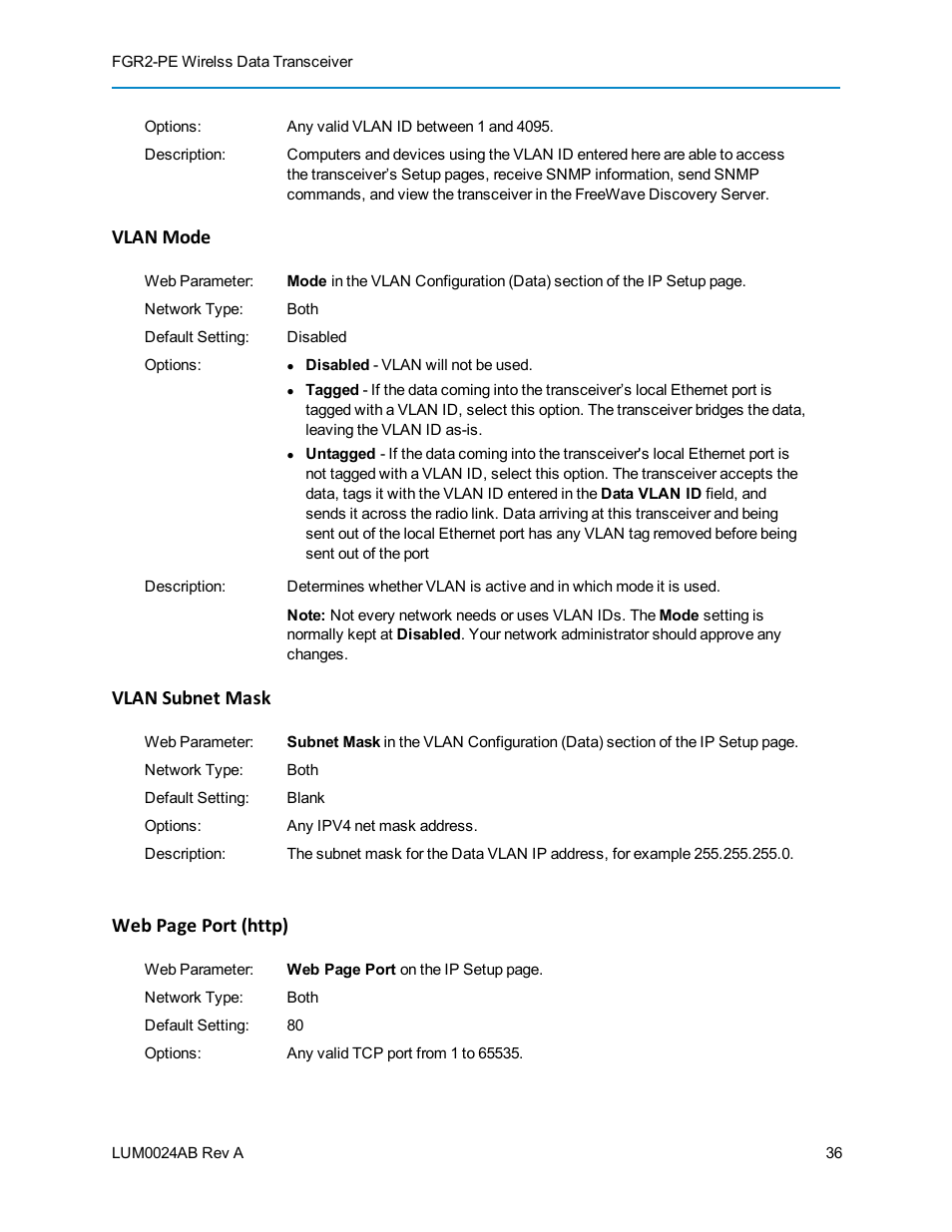 Vlan mode, Vlan subnet mask | Baseline Systems FreeWave Ethernet Radio User Manual | Page 52 / 160