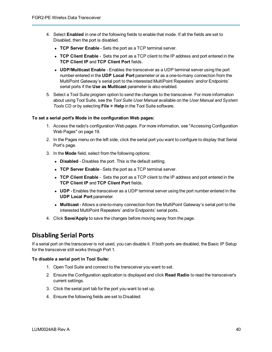 Disabling serial ports | Baseline Systems FreeWave Ethernet Radio User Manual | Page 56 / 160