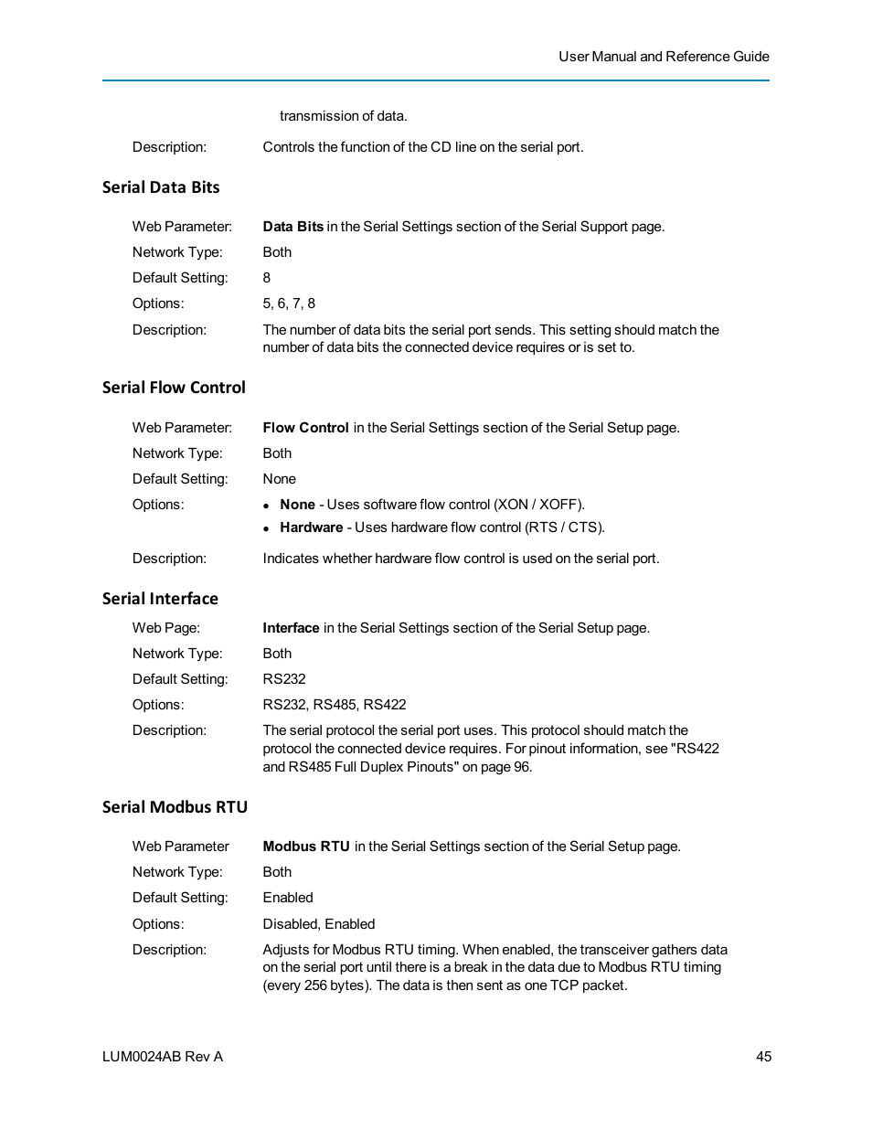 Serial data bits, Serial flow control, Serial interface | Serial modbus rtu | Baseline Systems FreeWave Ethernet Radio User Manual | Page 61 / 160