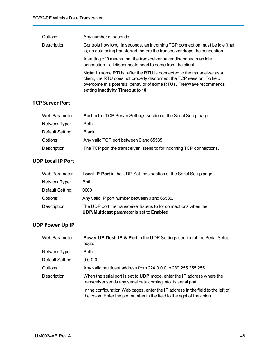 Tcp server port, Udp local ip port, Udp power up ip | Baseline Systems FreeWave Ethernet Radio User Manual | Page 64 / 160