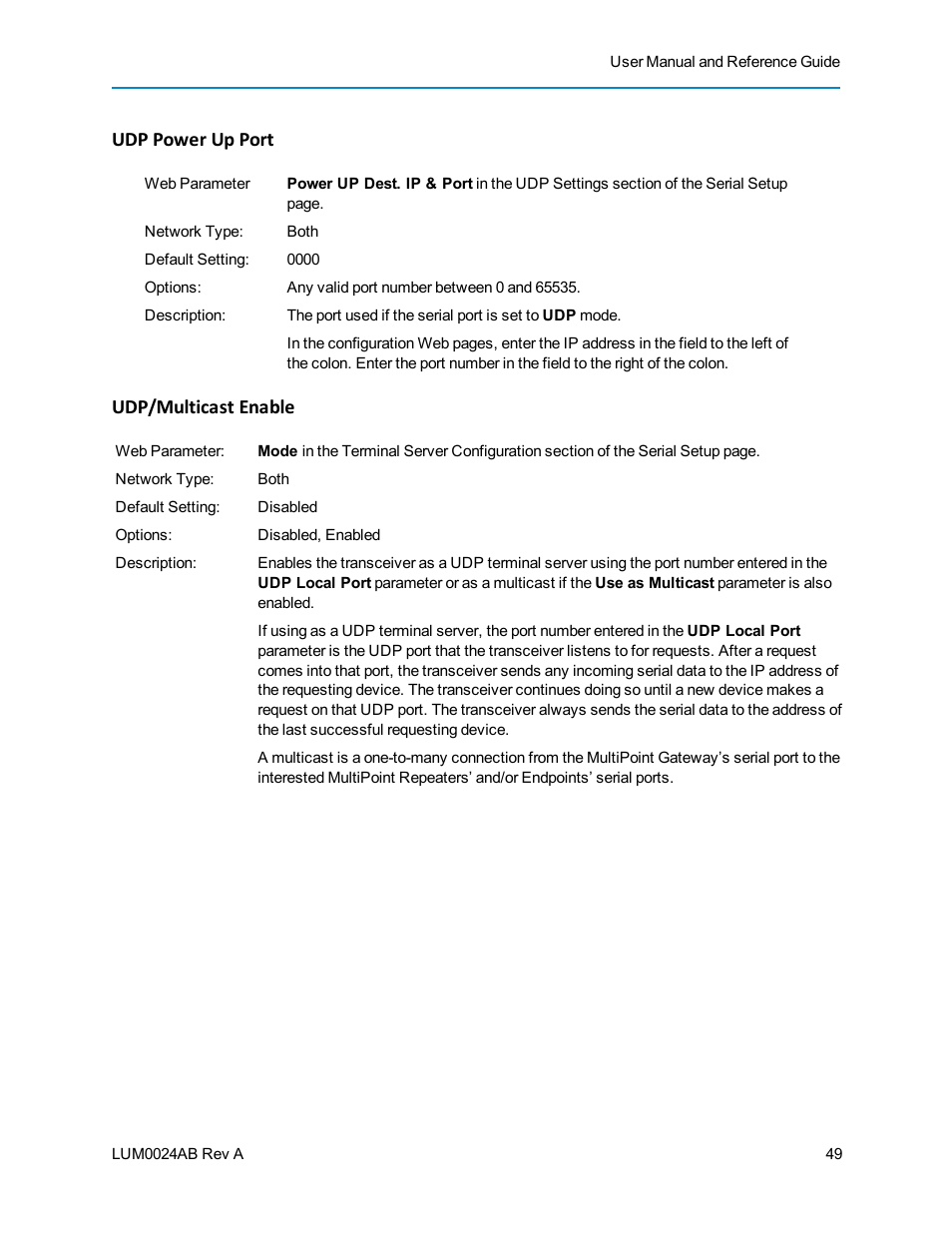 Udp power up port, Udp/multicast enable | Baseline Systems FreeWave Ethernet Radio User Manual | Page 65 / 160