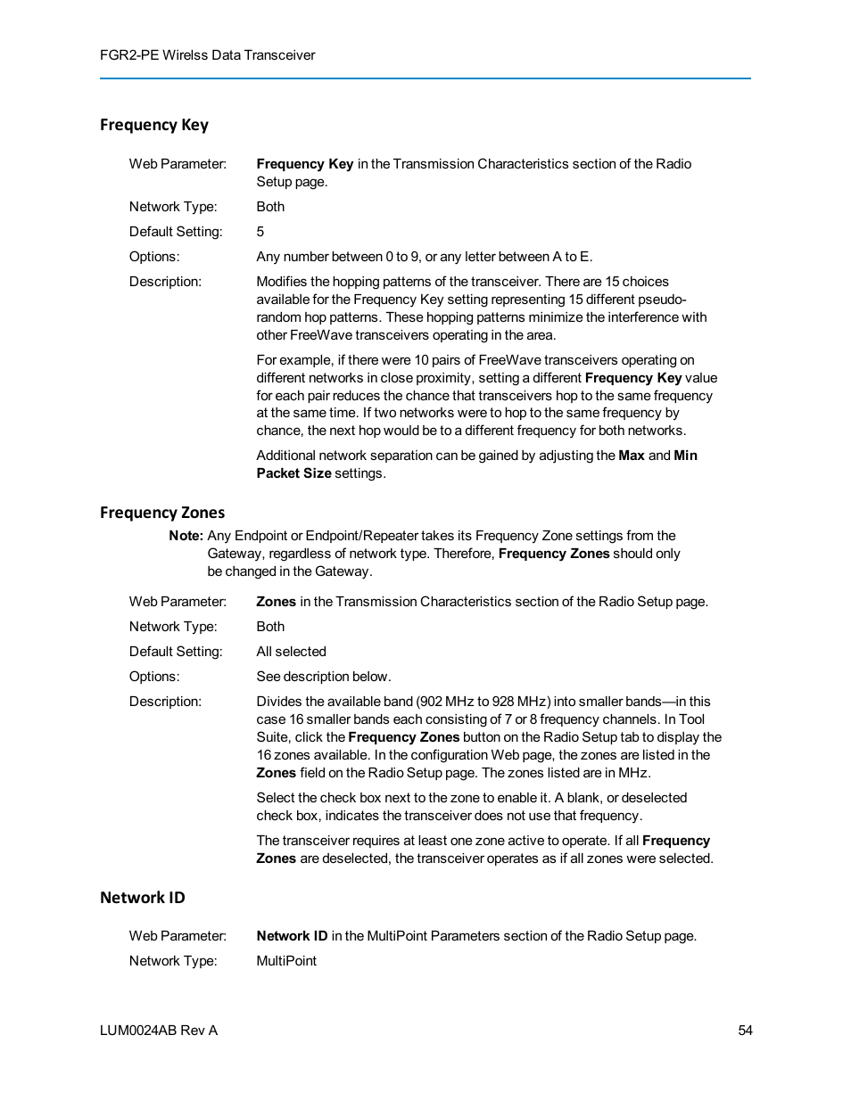 Frequency key, Frequency zones, Network id | Baseline Systems FreeWave Ethernet Radio User Manual | Page 70 / 160